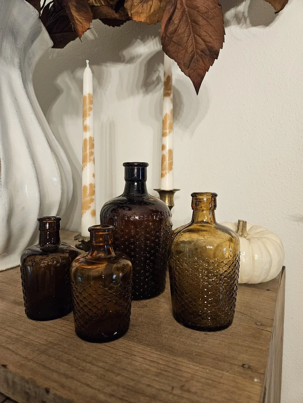 Antique/vintage Amber Glass Decorative Bottles Set Of 4 For Fall And Halloween